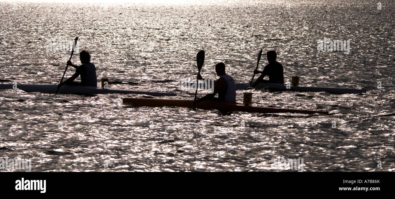 Shane Bennett, Hawkes Bay, Owen Mackley, Arawa, Seamus Meikle, North Shore, at the New Zealand Sprint Kayak Championships Stock Photo