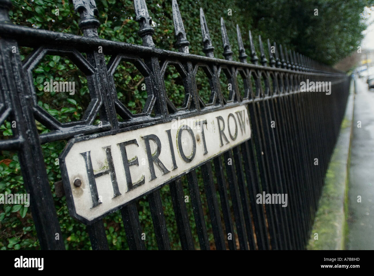 Detail of iron railings and street sign of famous expensive Heriot Row