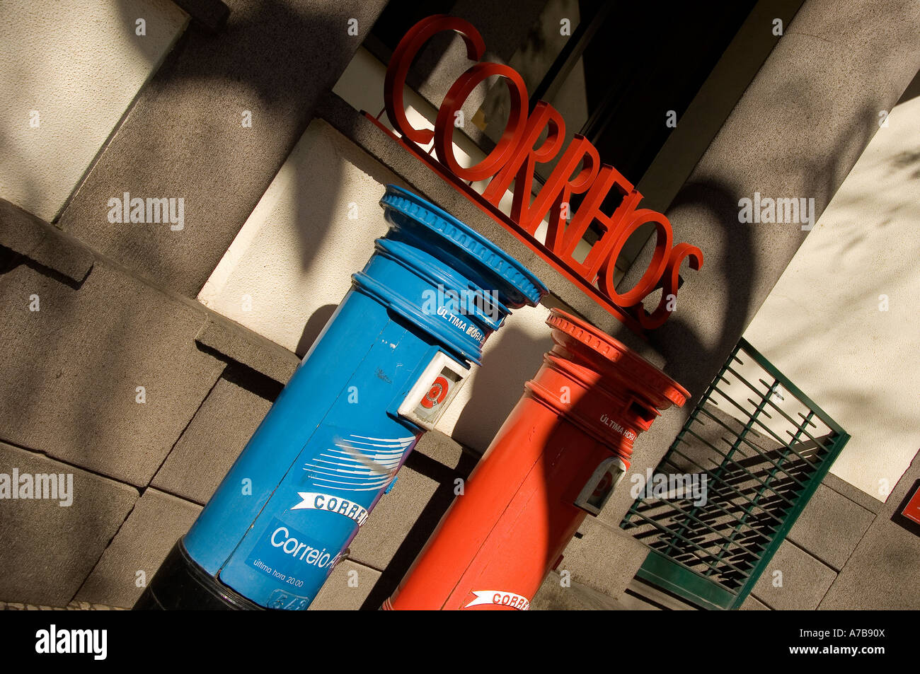 Red and blue Letter boxes mailbox mailboxes outside Portuguese post office Funchal Madeira