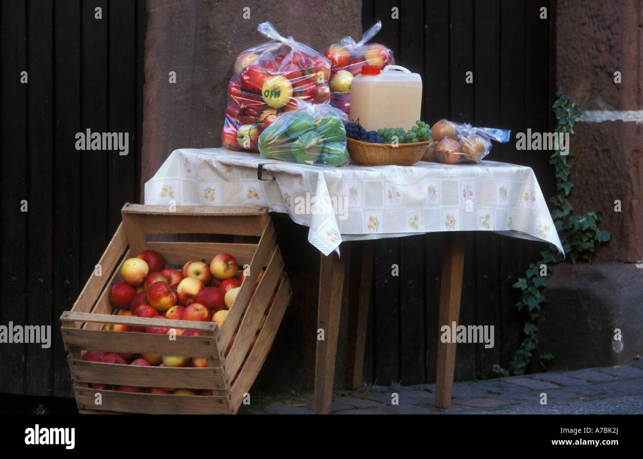 Fruit on sale in the village of Eschbach on the German Wine Route Palatinate Germany Stock Photo