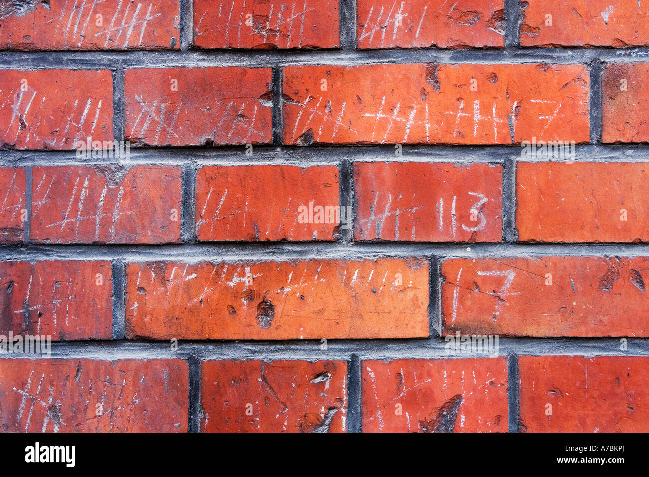 red brick wall and chalk writings Stock Photo