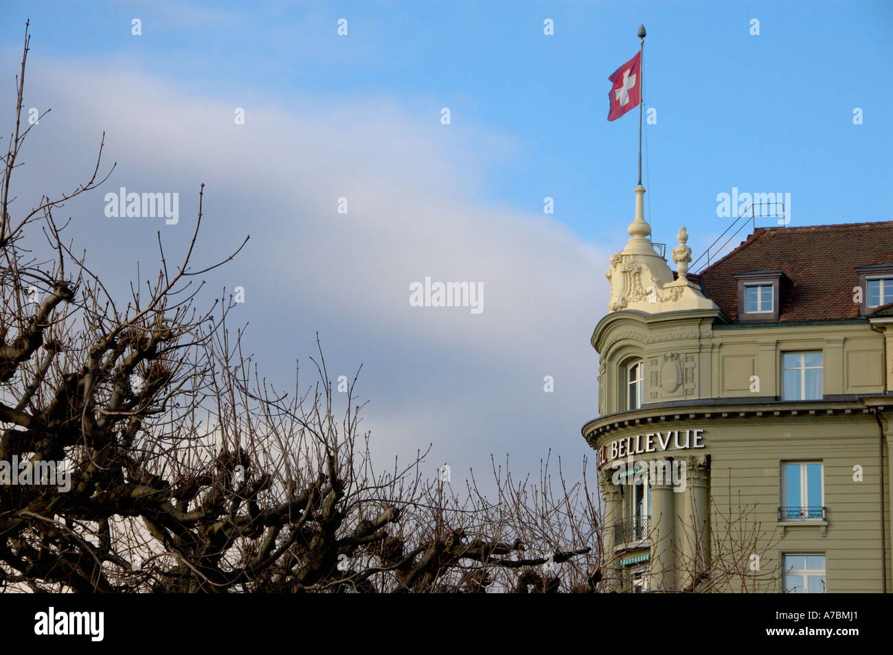 swiss flag at the Hotel Bellevue Palace in Bern, Switzerland. ( c)  uli nusko, ch-3012 bern Stock Photo