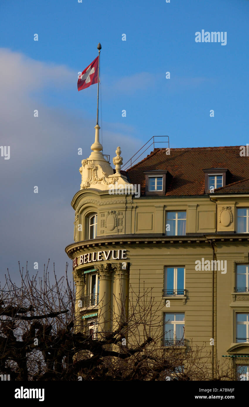 swiss flag at the Hotel Bellevue Palace in Bern, Switzerland. ( c)  uli nusko, ch-3012 bern Stock Photo