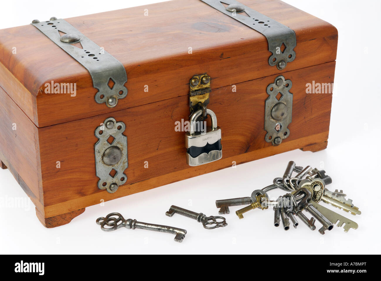 Many keys for unlocking a strong treasure box on white background Stock Photo - Alamy