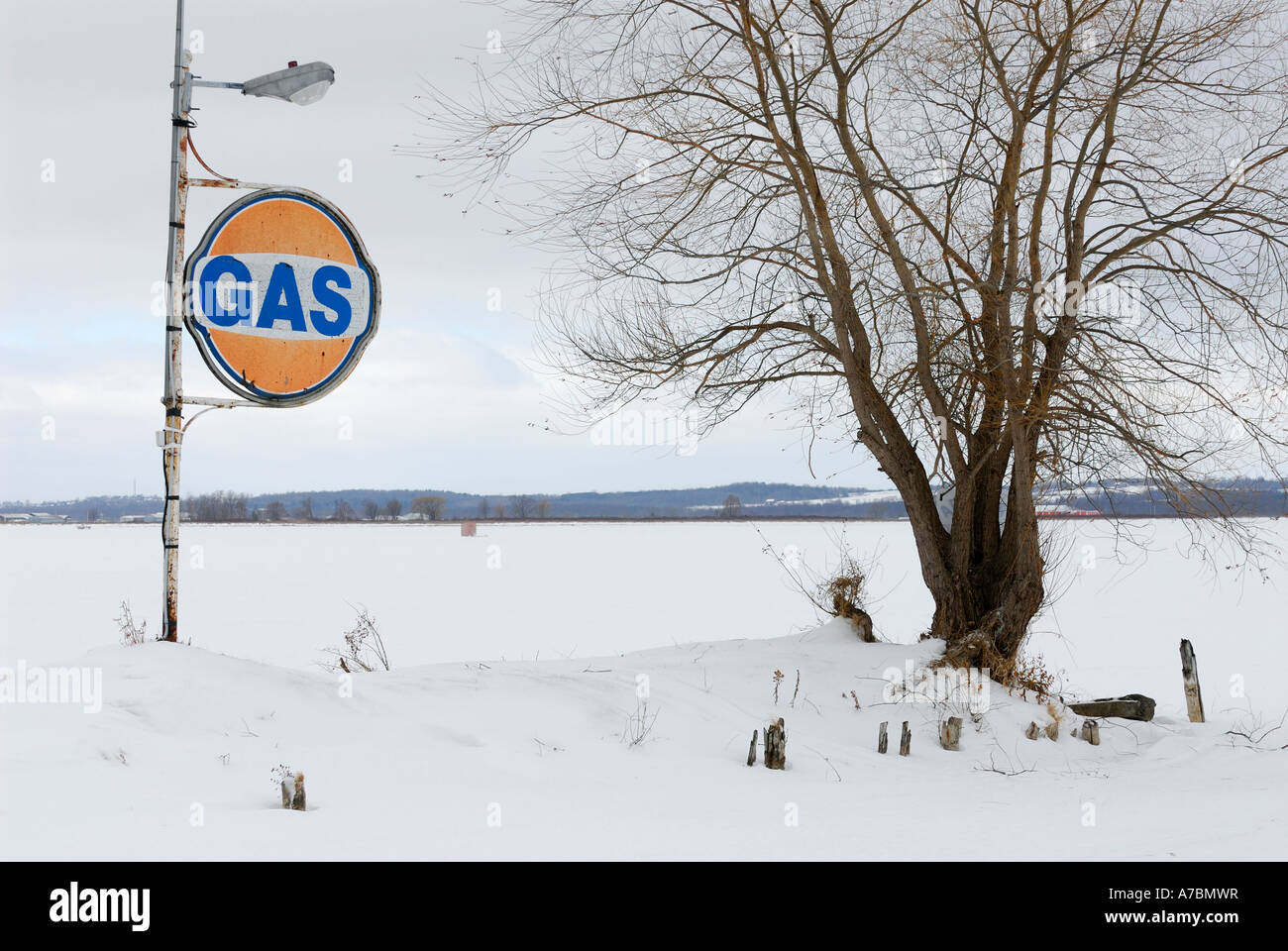 Abandoned gas station in winter by the Lake Stock Photo