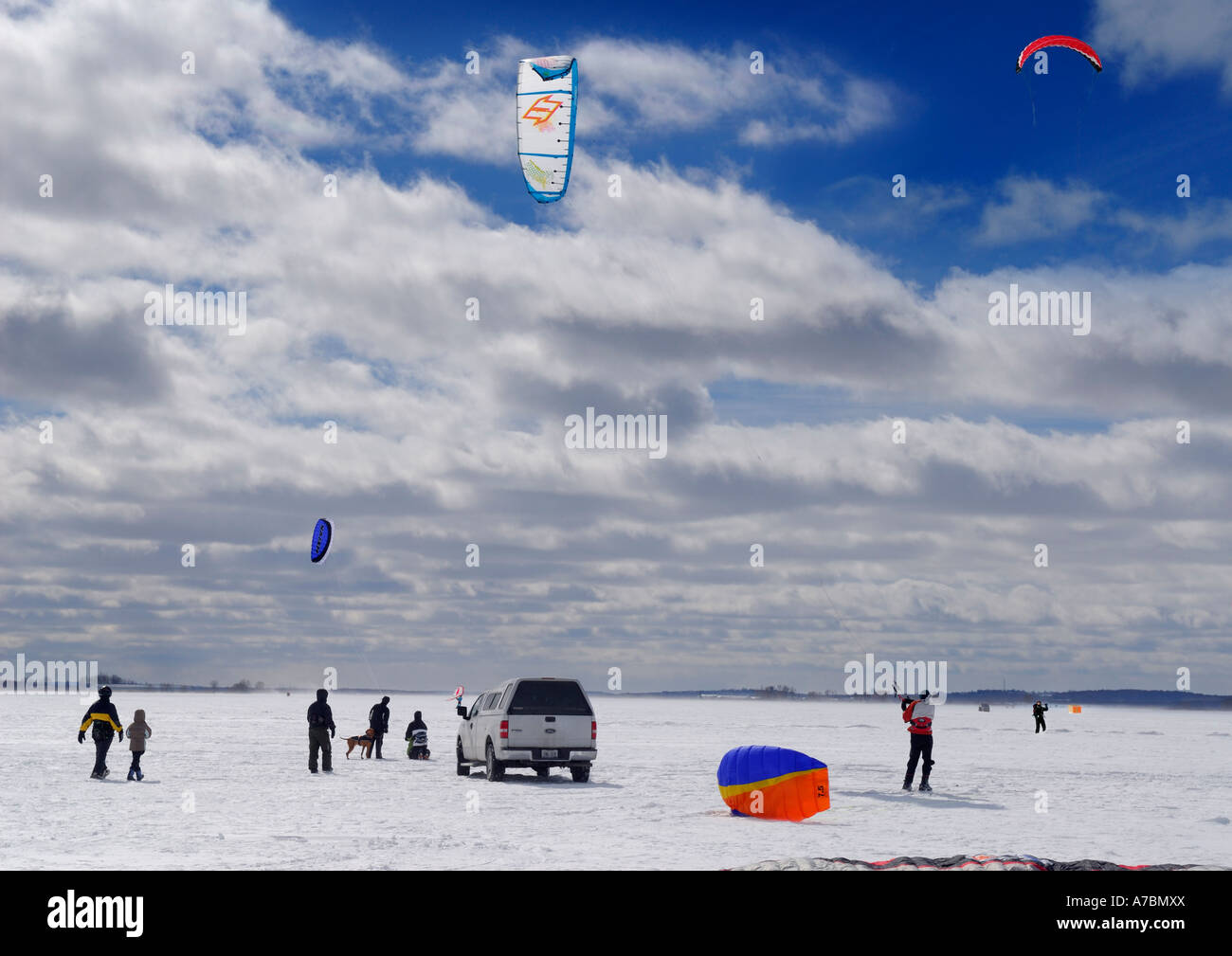 Family outing for snowkiting on Lake Simcoe Stock Photo