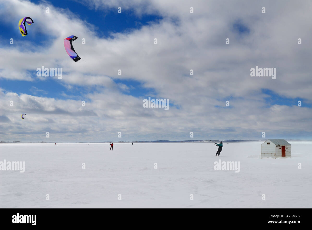 Windriders at Kitebeach on frozen Lake Simcoe Ontario Canada Stock Photo
