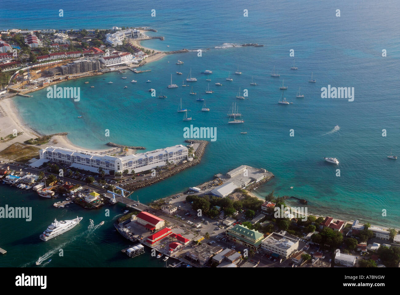 Aerial view of the Simpson Bay Bridge in St Maarten Netherlands Antilles  Port de Plaisance with sail boats Stock Photo - Alamy