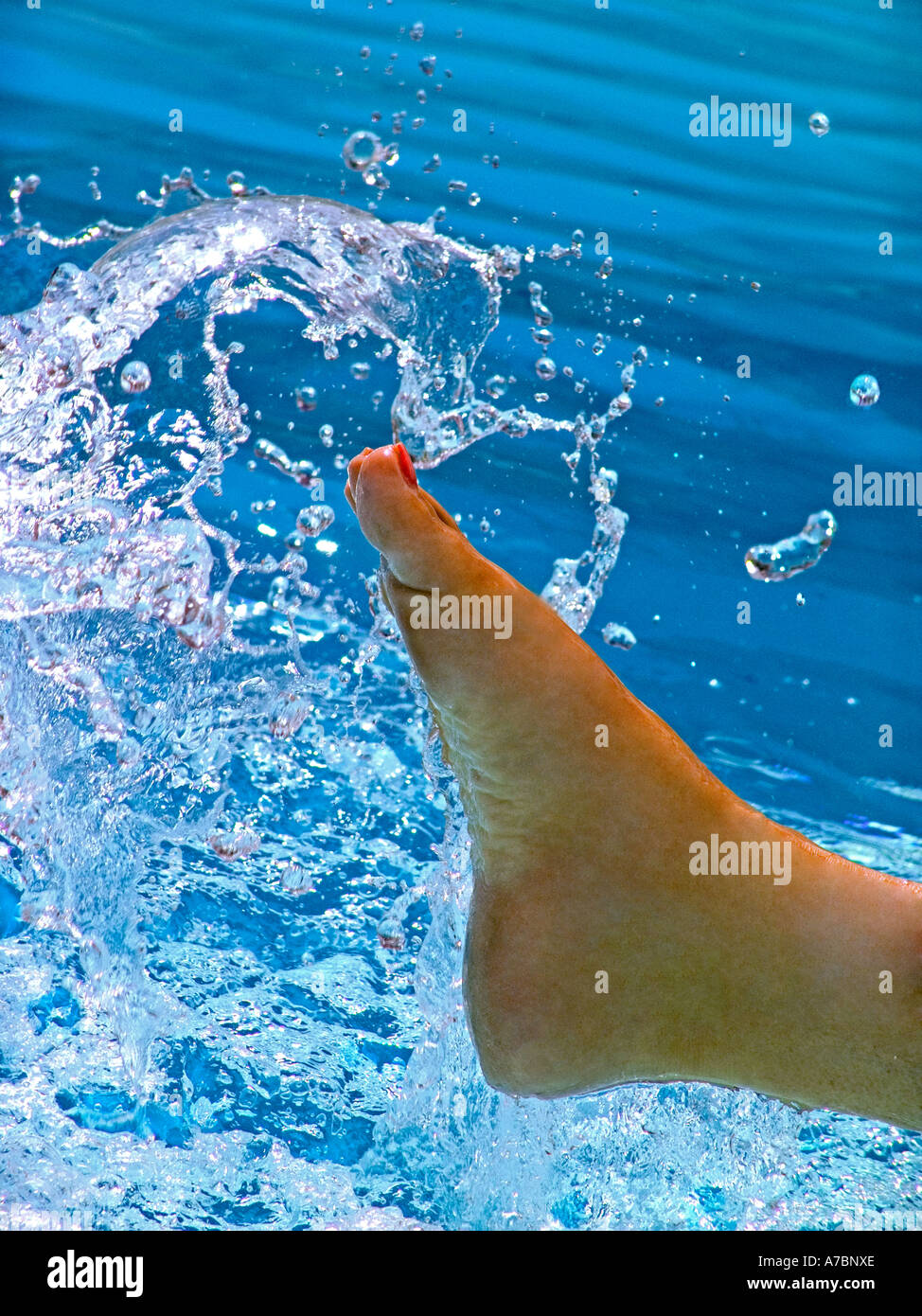 Woman's foot splashing the fresh clear water in a sunny swimming pool Stock Photo