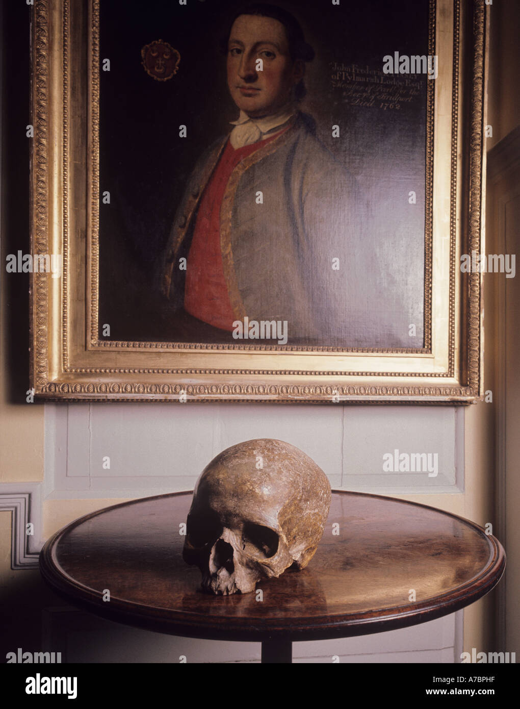 The Screaming Skull of Bettiscomb with portrait of John Frederick Pinney in Bettiscombe Manor Dorset ENGLAND Stock Photo