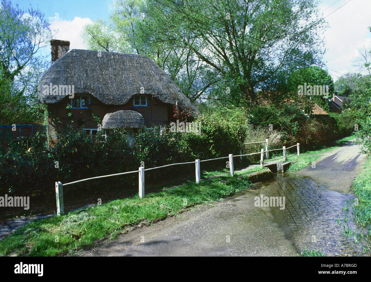 Thatched cottage by a ford in the pretty village of Nether Wallop in