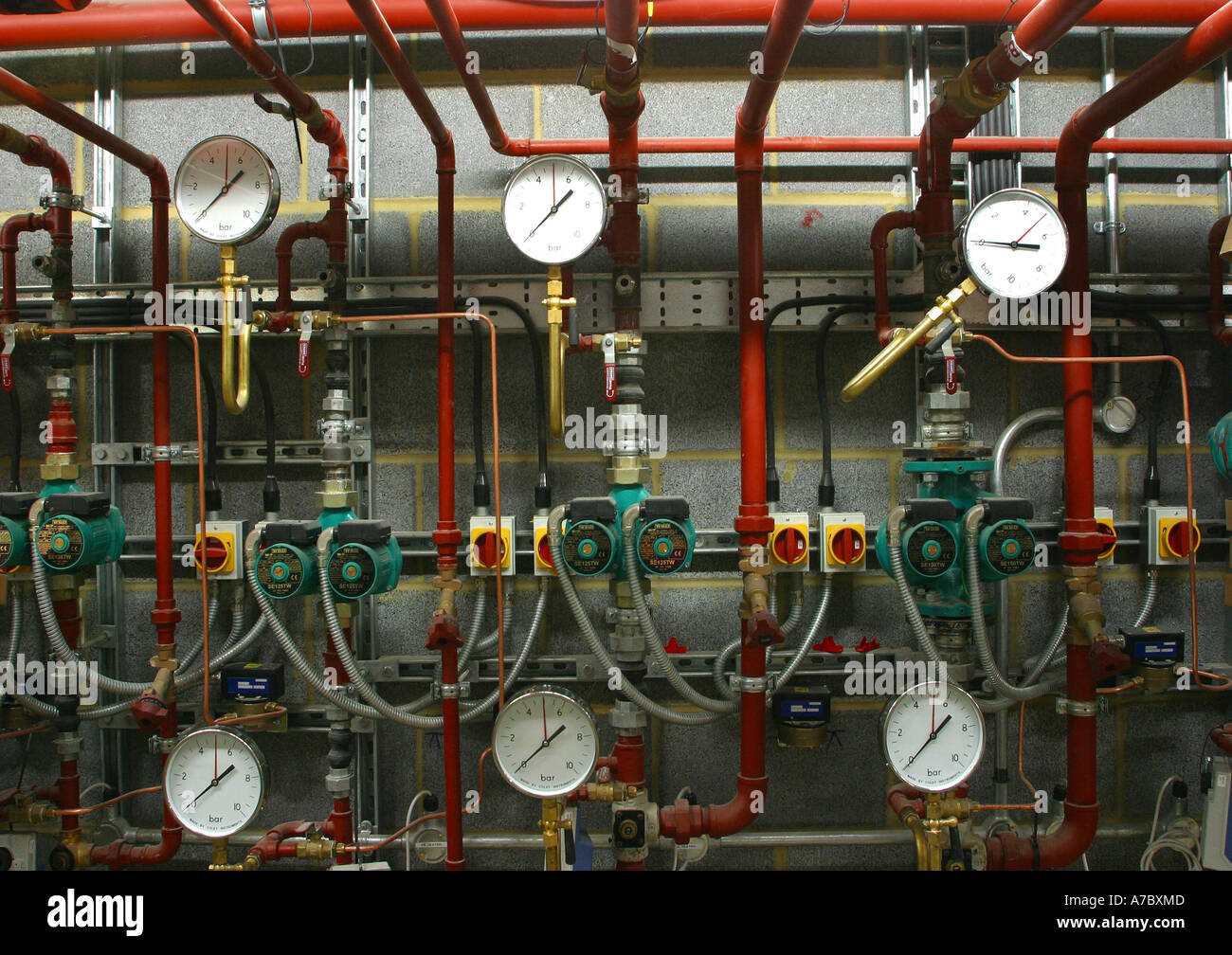 Pressure gauges and pipes in a boiler room Stock Photo