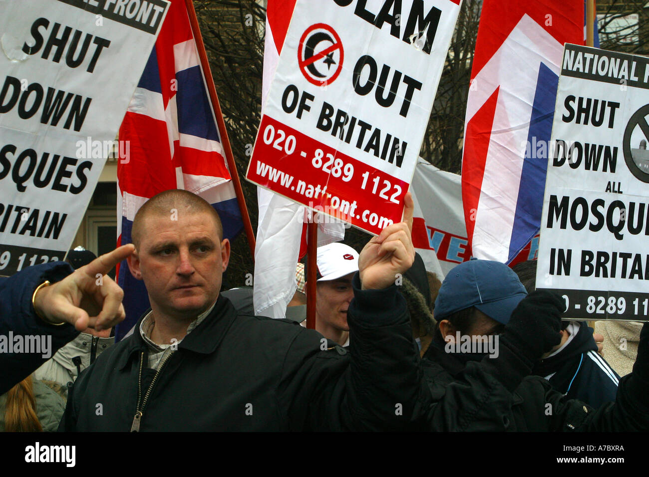 BNP member, protesting outside Finsbury Park Mosque, London. Stock Photo