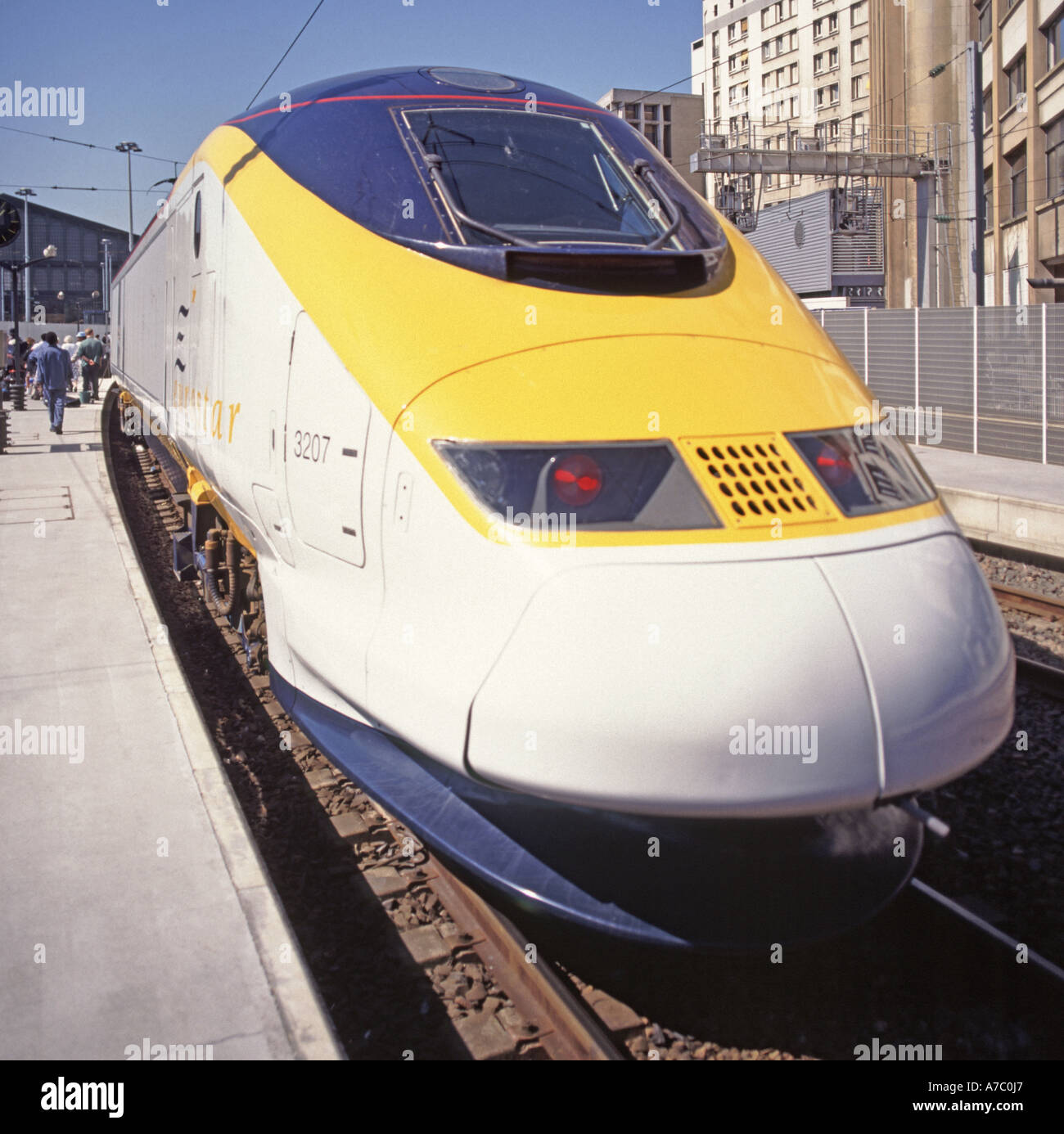 Paris Gare du Nord mainline and Eurostar railway terminal with close up of streamlined Eurostar traction unit Stock Photo