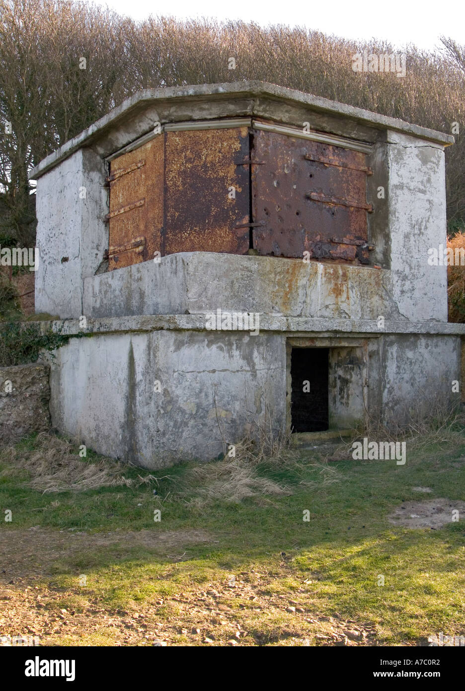 British military lookout posts at Totland Bay overlooking the Solent channel, Isle of Wight Stock Photo