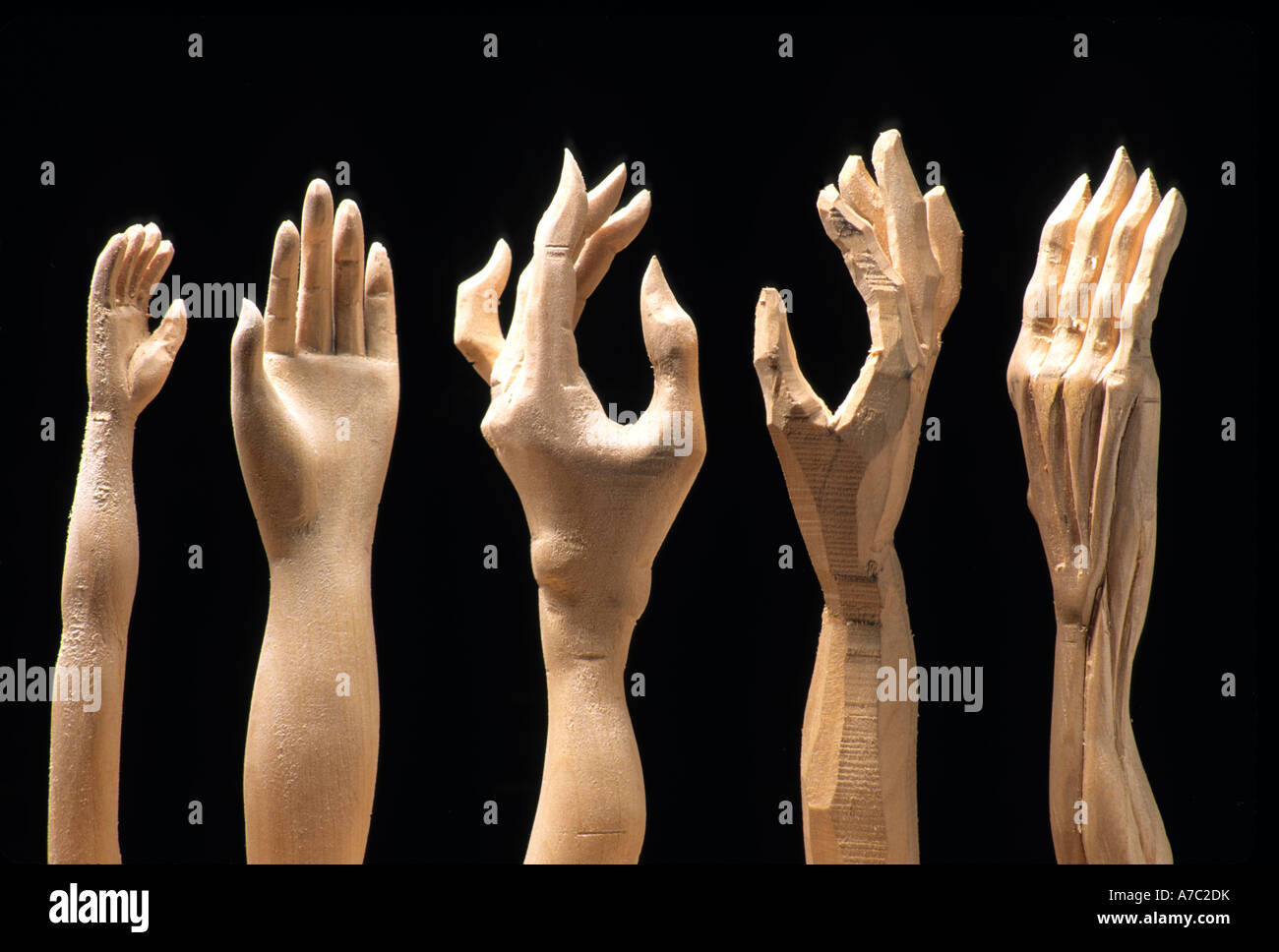 Carved hands of puppets Stock Photo