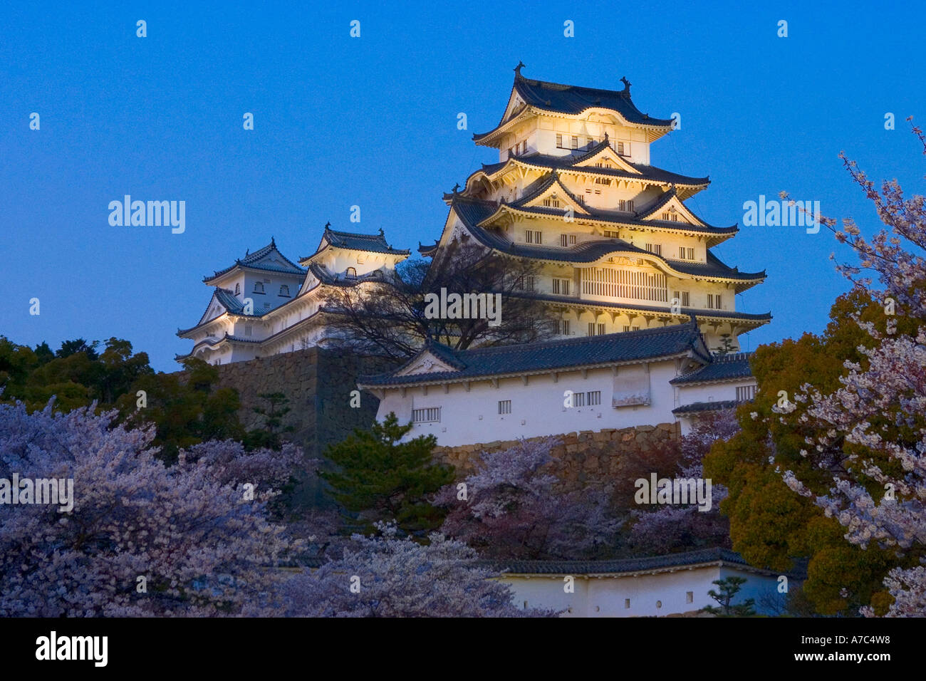 The enchanting multi storey castle of Himeji during cherry blossom