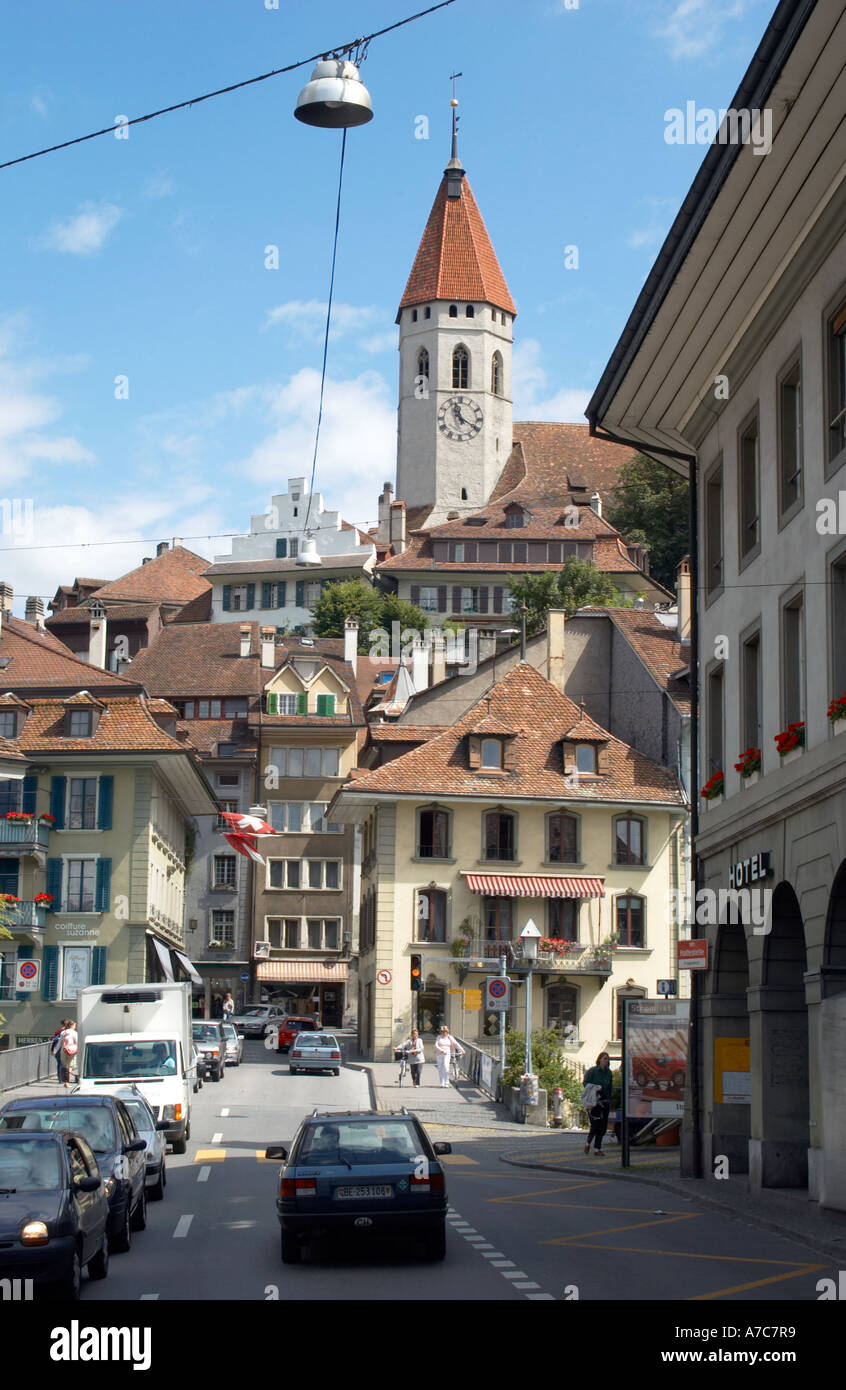 View along one of the main shopping streets in Meiringen, Switzerland Stock Photo