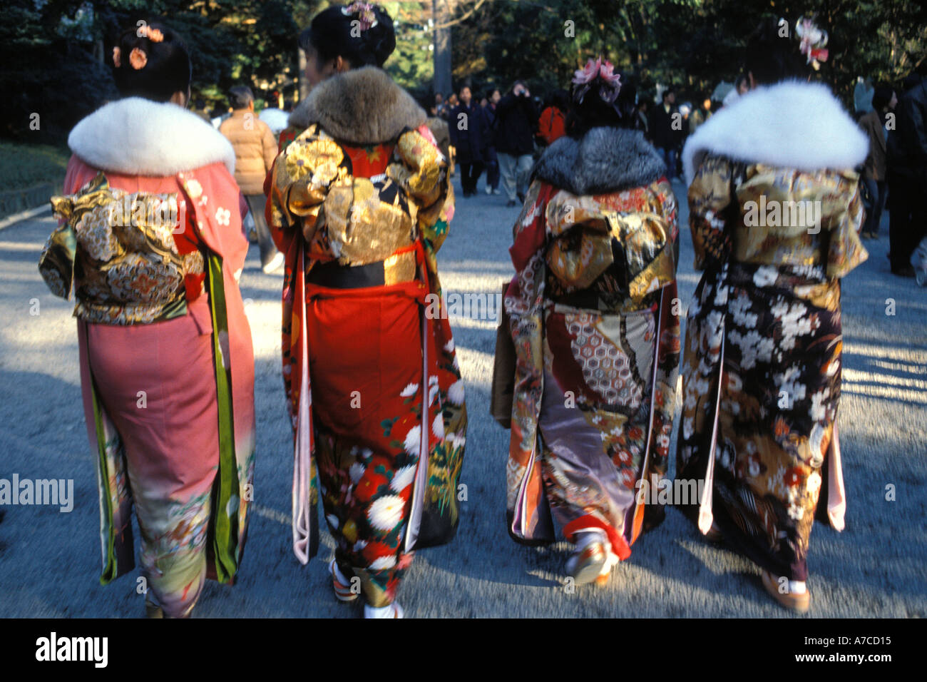 Young japanese women walking in kimono rear view Stock Photo Alamy