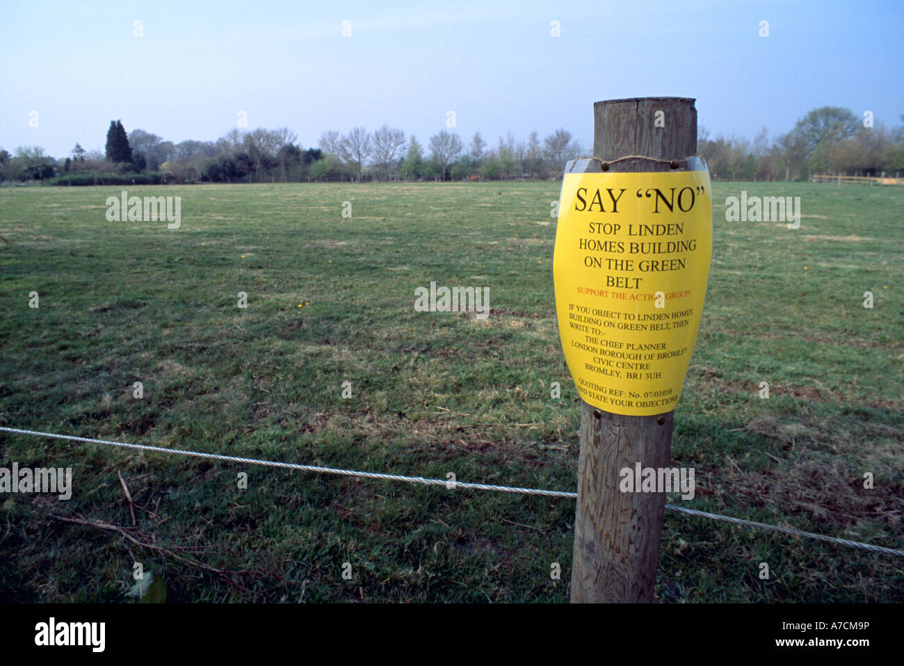 Protest notice on post, against building on greenbelt land, Biggin Hill, South London, Kent, England, UK. Stock Photo