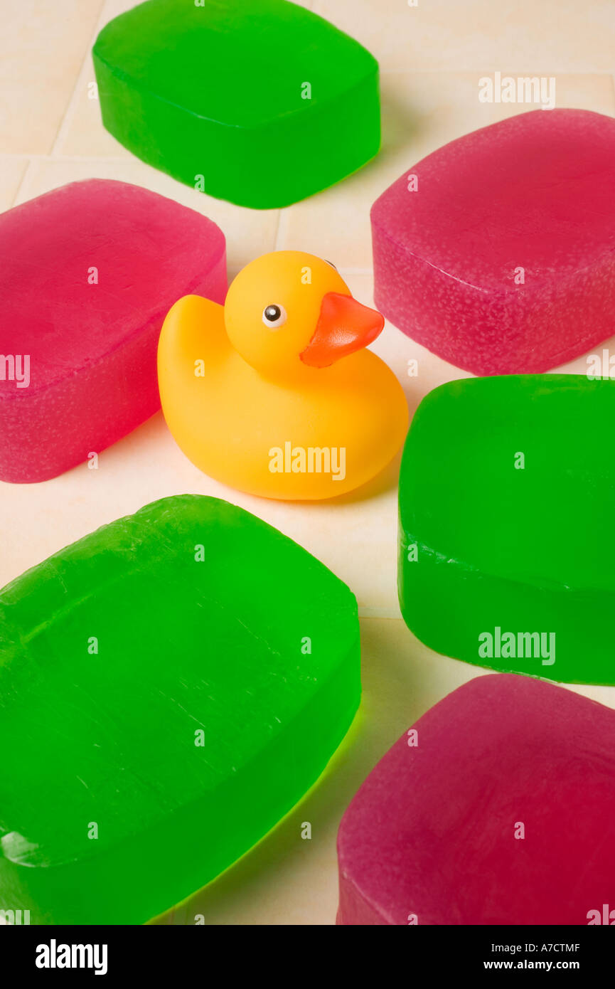 Rubber duck with bars of soap Stock Photo Alamy