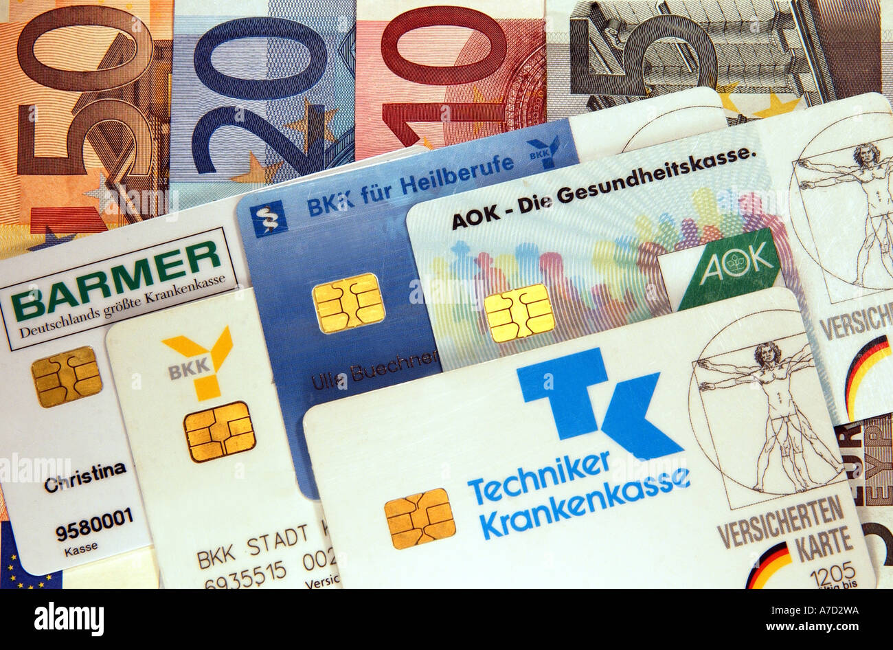 Health insurance costs chip cards and Euro banknotes Stock Photo Alamy