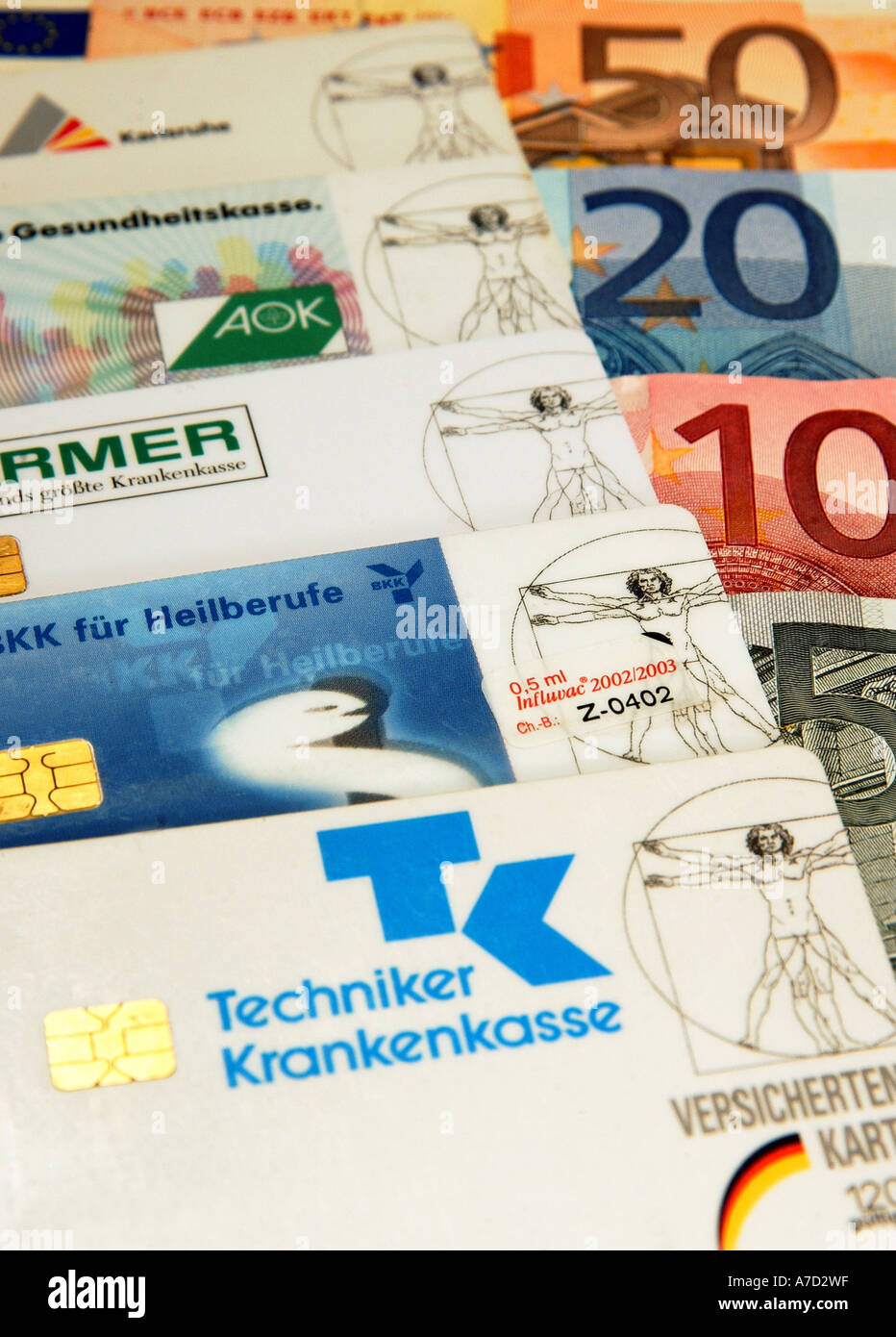 Health insurance costs chip cards and Euro banknotes Stock Photo Alamy