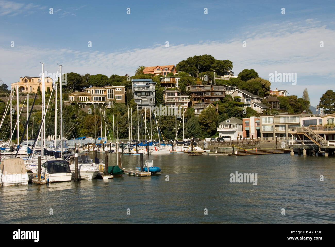 Sailboats and houses city of Tiburon on San Francisco Bay CA California Stock Photo