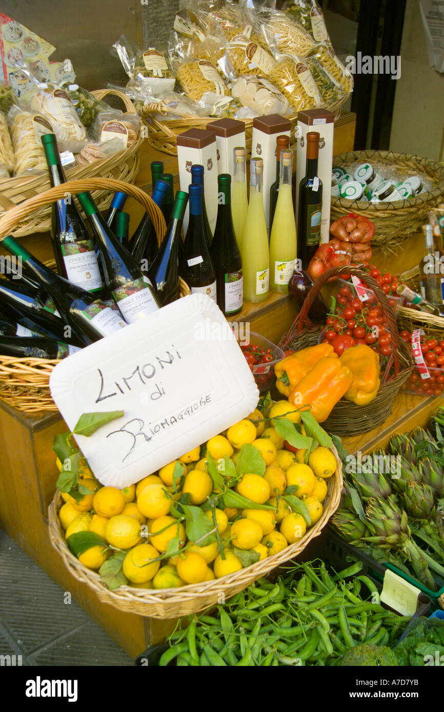 colourful local produce outside an alimentari grocery in Northern Italy Stock Photo
