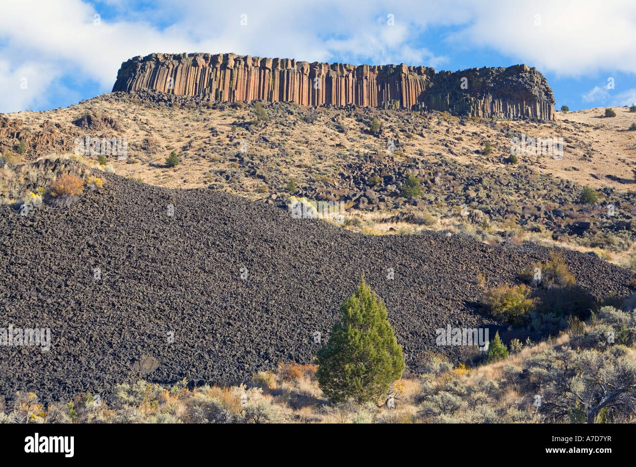 Rocky hillside cliffs made of basalt columns and Trout Creek climbing