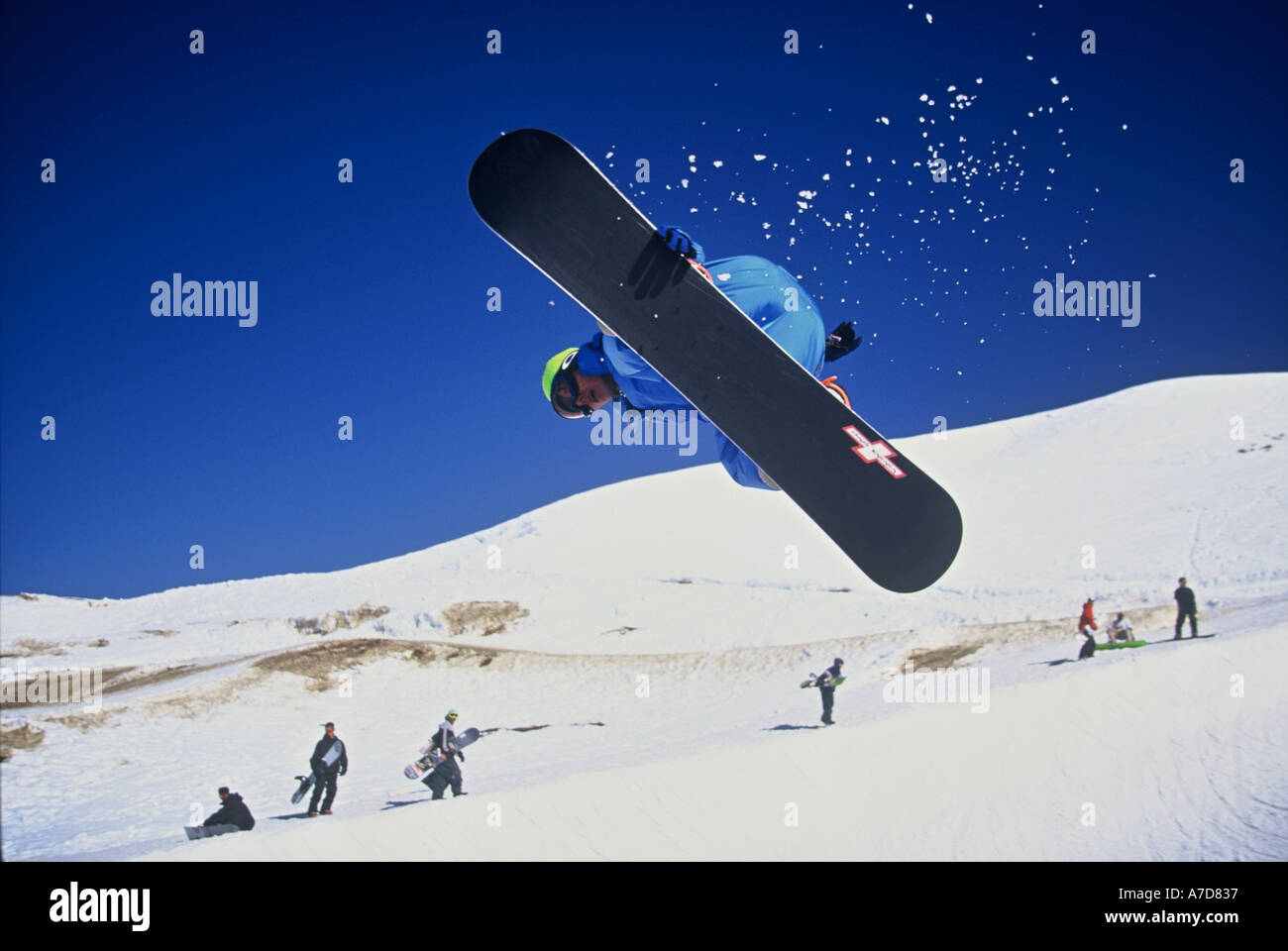 Snowboarders Halfpipe Cardrona Alpine Resort near Wanaka New Zealand Stock Photo