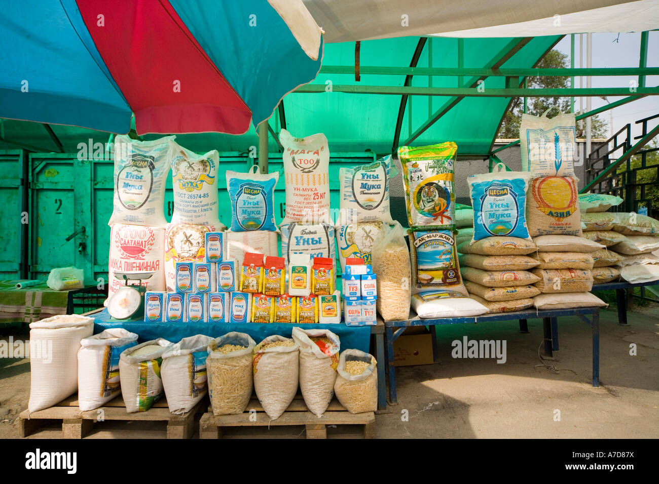 Rice and pasta products for sale along the Silk Road in Kazakhstan. Market near Almaty. Stock Photo