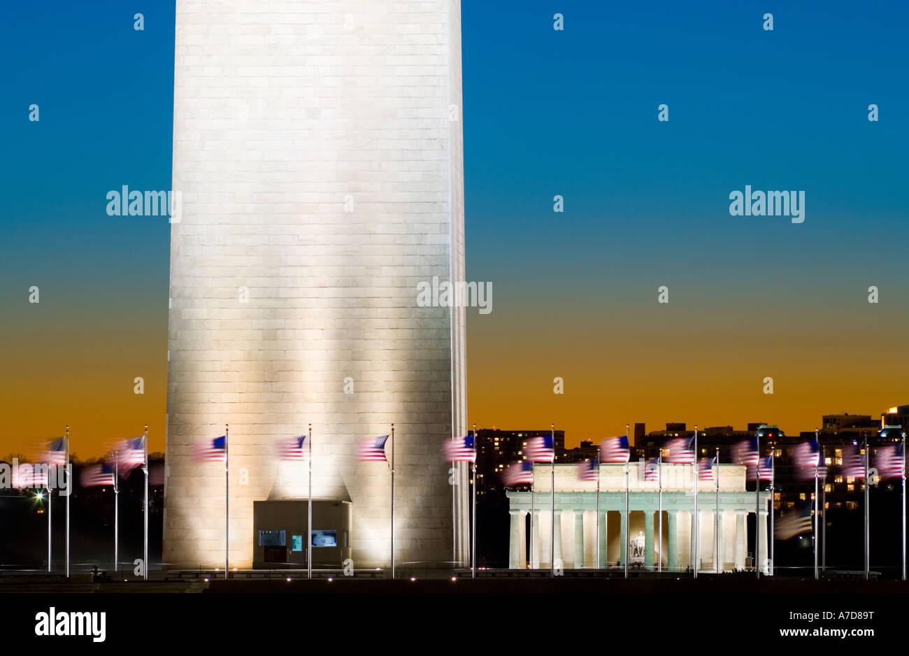 Washington Monument with Lincoln memorial in the background at dusk. Stock Photo