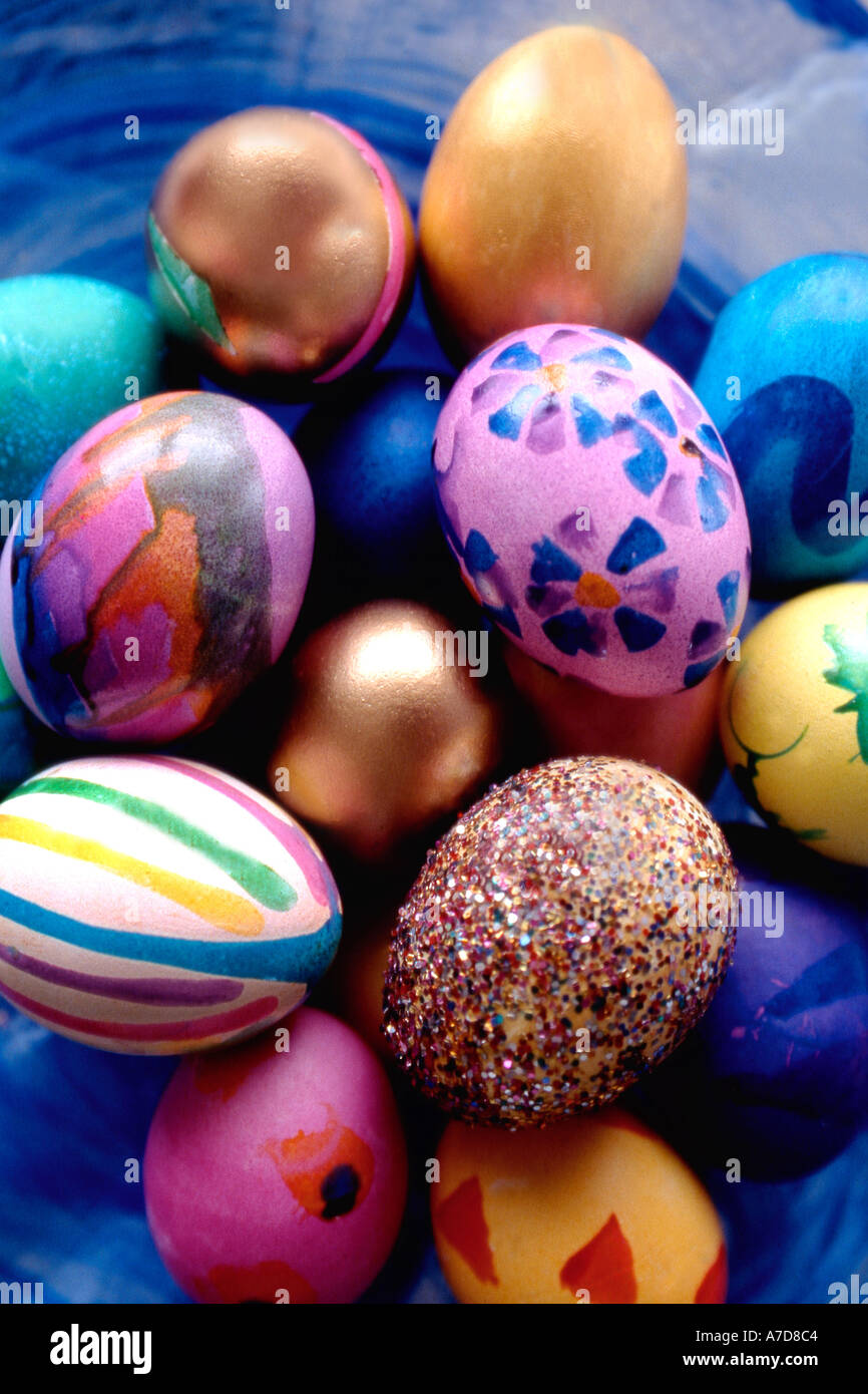 Colored easter eggs in basket Stock Photo