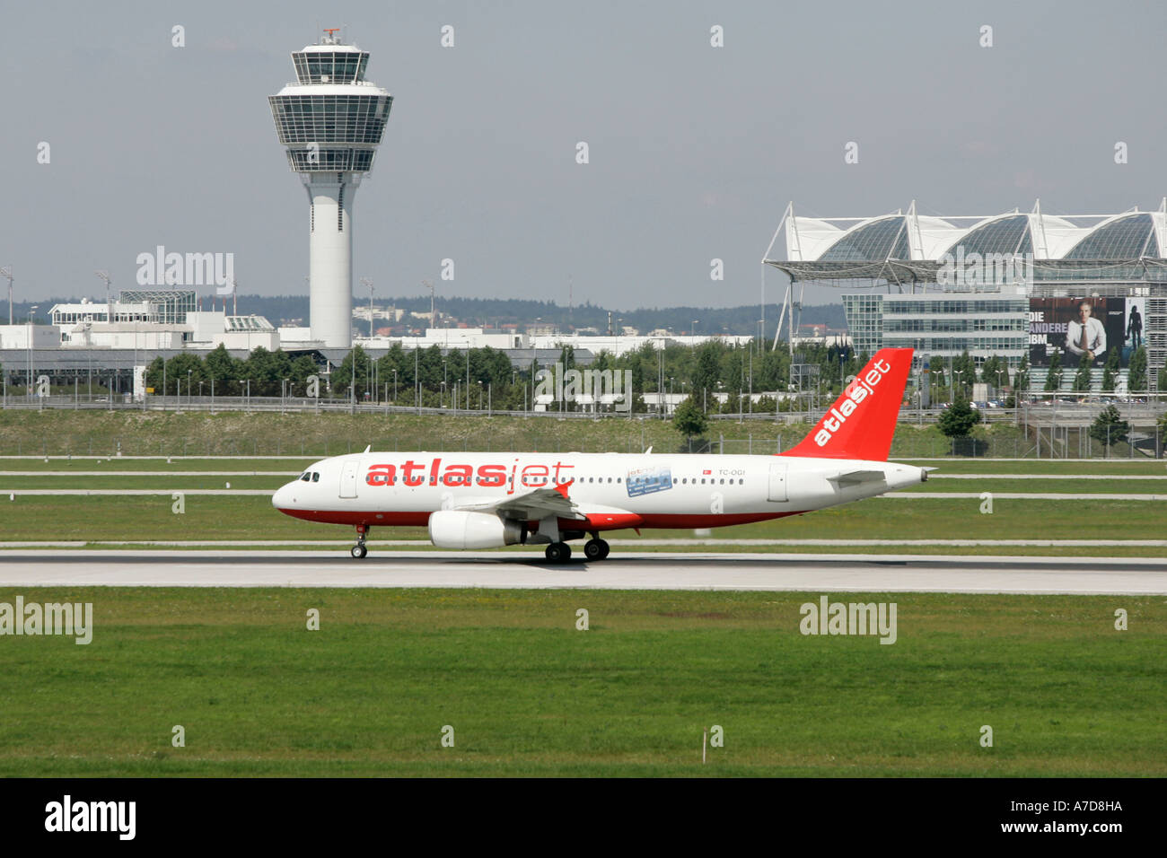 Munich, GER, 11. Aug. 2005 - The AtlasJet Airbus of type A320-232 taxies to the lift of position on Munich Airport. Stock Photo