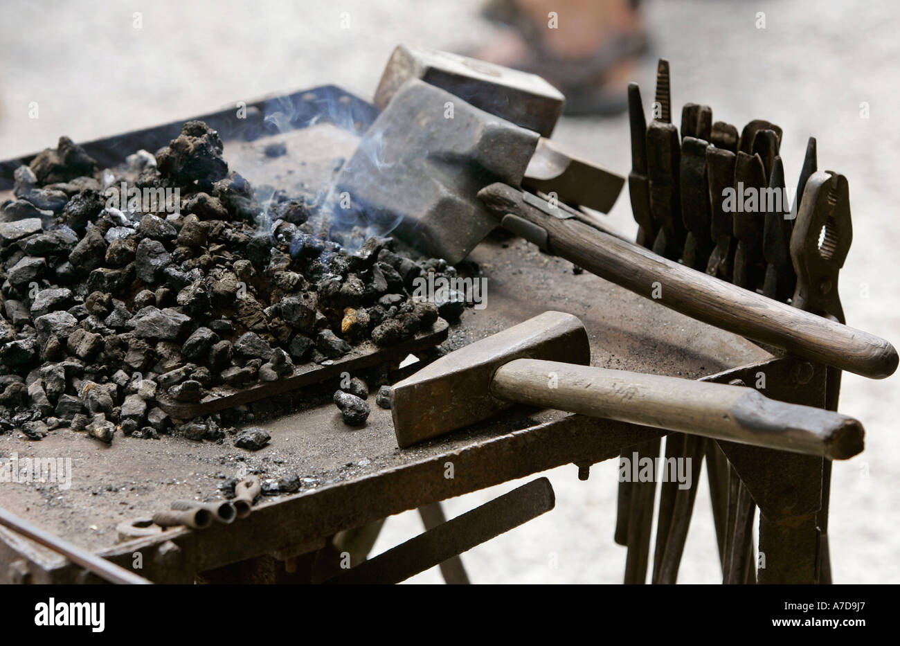 Smith tools in a coal fire at Kaltenberg Knight Plays Bavaria Germany Stock Photo
