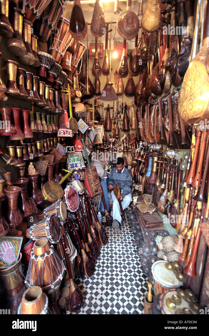 Musical instrument store and owner in Marrakech in Morocco North Africa