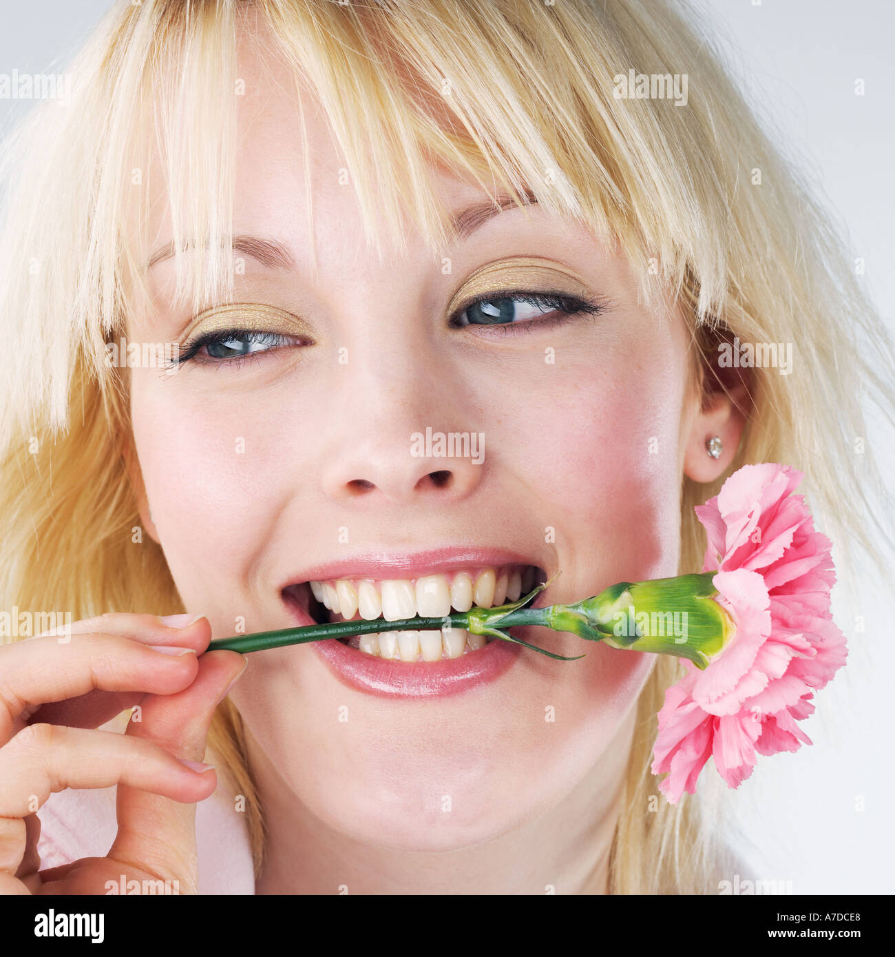 HAPPY FEMALE WITH CARNATION IN HER TEETH Stock Photo