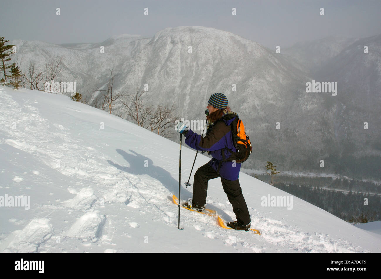 A lady snowshoeing through deep fresh snow on Mont Olivine in the Chic