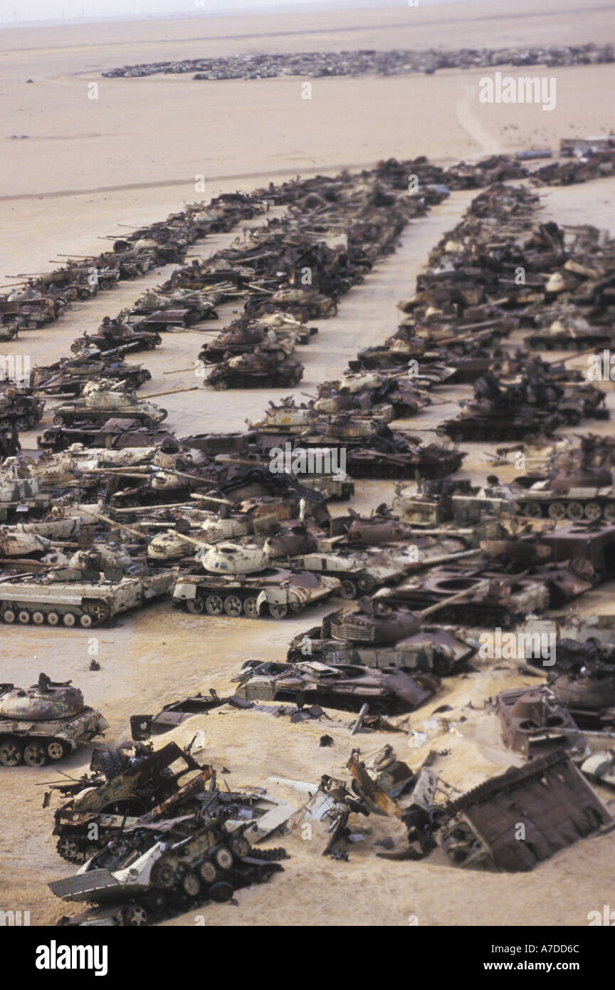 The remains of saddam Hussein s tanks destroyed on the road to Basra by coalition forces Stock Photo