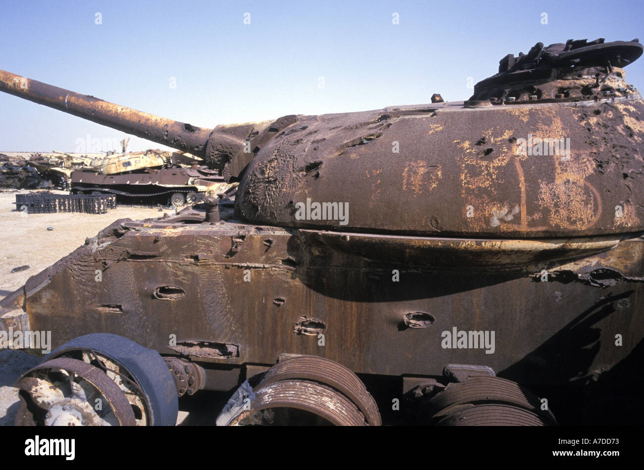 The remains of saddam Hussein s tanks destroyed on the road to Basra by coalition forces Stock Photo