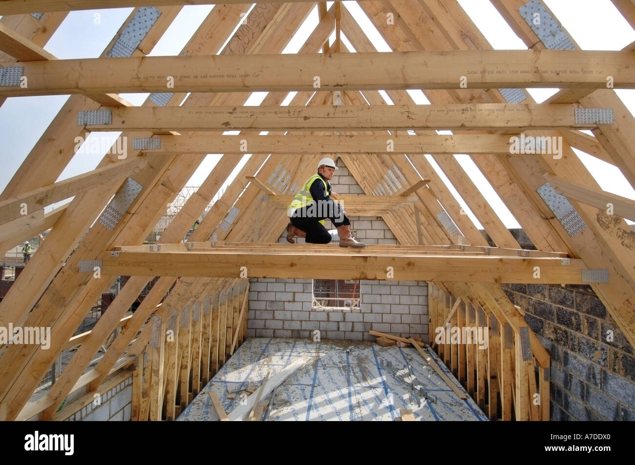 Surveying the roof timbers of new house under construction england hi