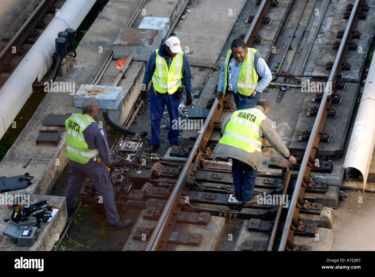 MARTA maintenance workers repair track section on Atlanta Georgia GA rapid transit subway system Stock Photo