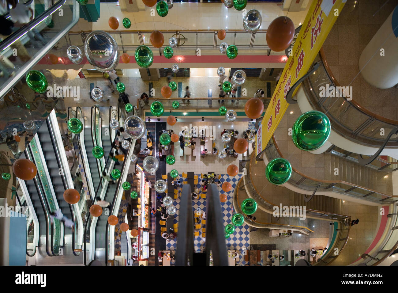 Asia China Shanghai Overhead view of interior of gaudily decorated