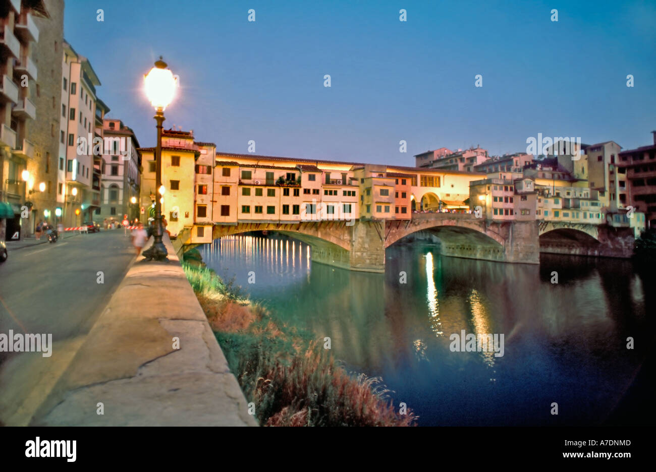 Cityscape Florence Italy Ponte Vecchio Bridge Lit Up At Night