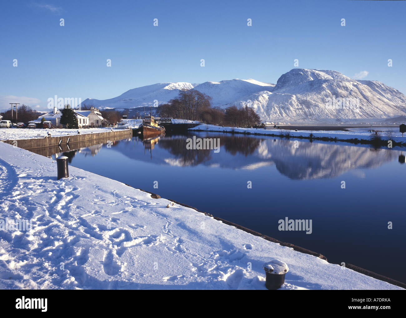 Britain's highest mountain Ben Nevis in snow viewed from Caledonian