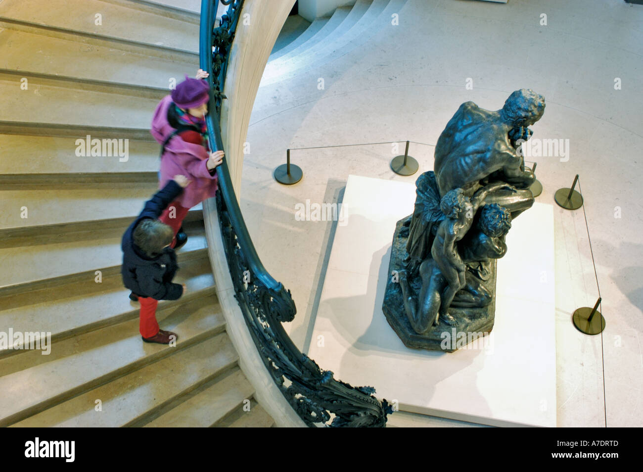 Paris France, Interior Stairway Art Museum the 'Petit Palais' 'Musée des Beaux Arts de la Ville de Paris' Children on Stairs, exposition universelle Stock Photo