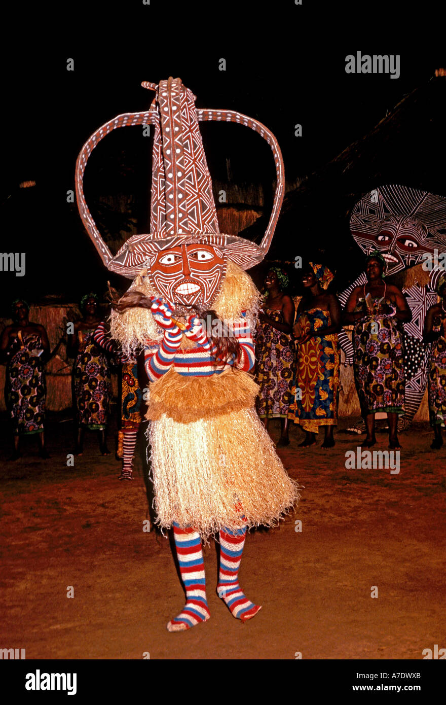 Zimbabwean men, dance, dancer, dancers, dancing, tribal dance, African dance, Victoria Falls Hotel, Matabeleland North Province, Zimbabwe, Africa Stock Photo
