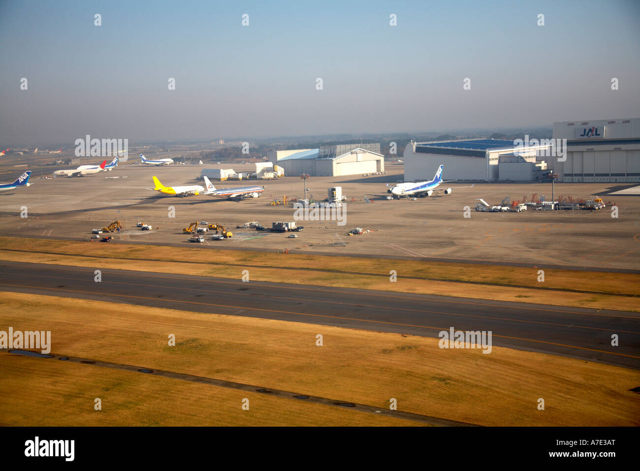 High level oblique aerial view of Narita Airport with aircraft and runways Tokyo Japan Asia Stock Photo