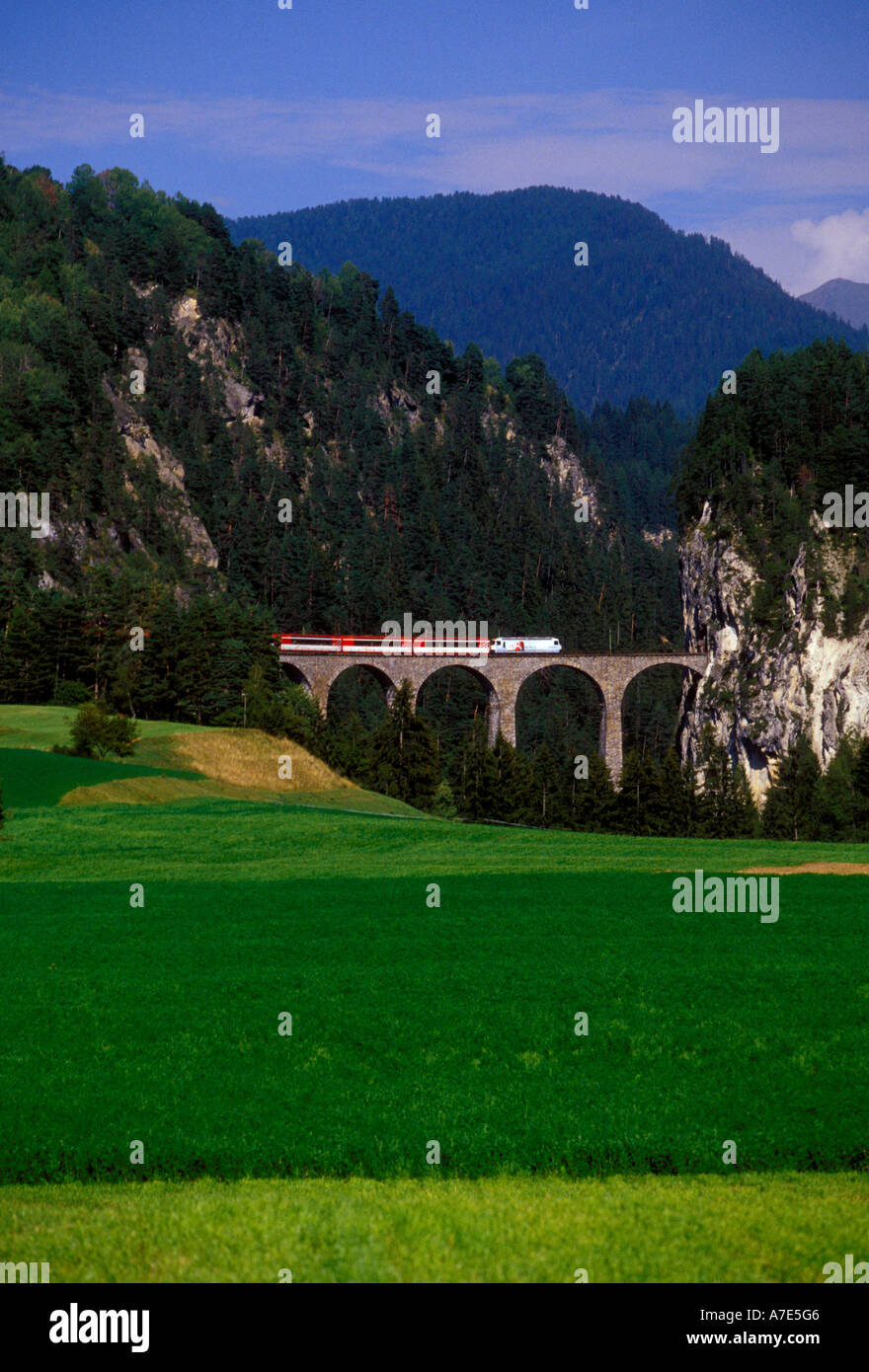 Glacier Express, train, Landwasser Viaduct, Filisur, Swiss Alps, Graubunden Canton, Switzerland, Central Europe, Europe Stock Photo